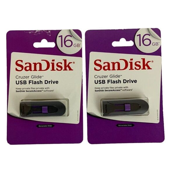 SanDisk 2 Flash Drives 16 GB Cruzer Glide USB Gray Purple Retractable Slider - Picture 1 of 3